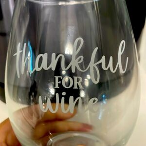 Set of 10 “thankful for wine” stemless wine glasses.
